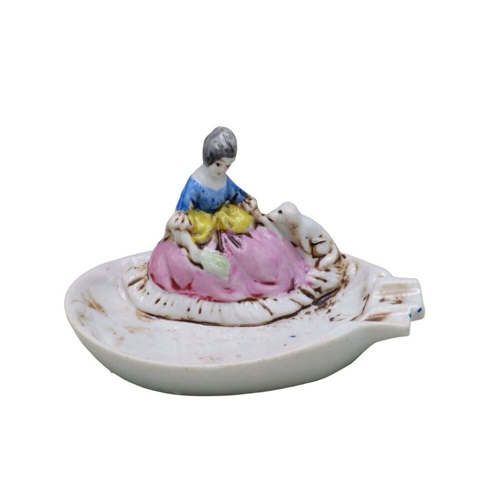 Vintage 1950s Japan Porcelain Shell Ashtray Figurine Woman with Dog Hand Painted